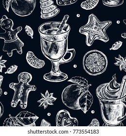 Seamless decorative pattern with winter treats - gingerbread, warming drinks, tangerines, spices. Hand drawn Christmas and New Year's elements. perfect for design wrapping paper. Vector illustration.