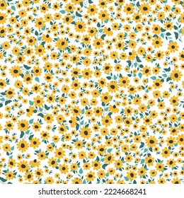 Seamless decorative pattern with yellow flowers. Print for textile, wallpaper, covers, surface. For fashion fabric. Modern style millefleurs.