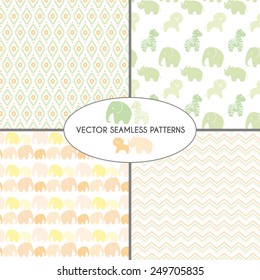 Seamless decorative patterns with animals and  abstract lines. Pattern set for baby shower, kid's birthday party invitations. 