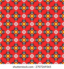 Seamless decorative patterns, intricate lines and floral motifs, classic black, yellow and red damask designs create a luxurious vintage backdrop. This strikingly contrasting monochrome fabric is perf