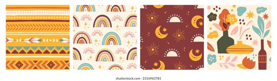 Seamless decorative posters. Colorful patterns with rainbow, crescent and flowers. Modern abstract prints for textiles and wallpapers. Cartoon flat vector collection isolated on white background