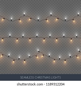 Seamless decorative sliver and gold color light bulb garlands set, Christmas decoration, vector illustration 