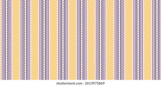 Seamless decorative stripe pattern with navy blue and yellow elements over a soft pink base.