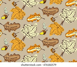 Seamless decorative template texture with acorn and beige leaves. Seamless stylized leaf pattern. Vector illustration