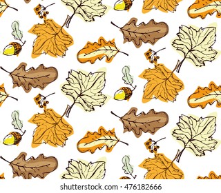 Seamless decorative template texture with acorn and beige leaves. Seamless stylized leaf pattern. Vector illustration