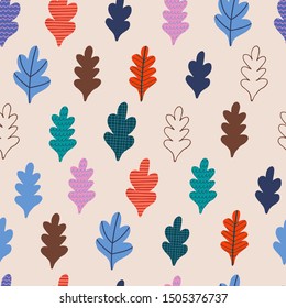 Seamless decorative template texture with autumn leaves. Seamless stylized leaf pattern. Vector in orange, brown and blue colours.