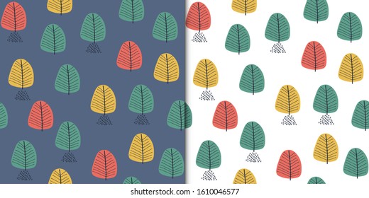 Seamless decorative template texture with autumn forest. Seamless stylized  pattern. Vector in red, yellow and green colours.
