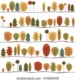 Seamless Decorative Template Texture With Autumn Trees. Colorful Seamless Stylized Trees Pattern.