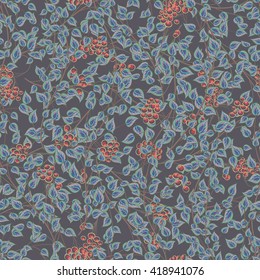 Seamless decorative template texture with blue leaves and red berries on gray background. Seamless stylized leaf pattern.