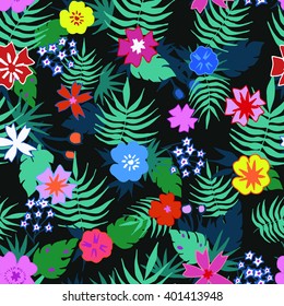 Seamless decorative template texture with colorful leaves and flower. Seamless stylized leaf pattern. Vector Illustration