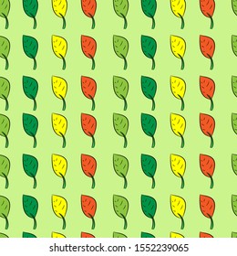 Seamless decorative template texture with green , yellow and red leaves. Seamless stylized leaf pattern.