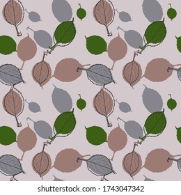 Seamless decorative template texture with green and beige leaves. Seamless stylized leaf pattern.  Endless background. Leaves outline stock vector illustration  for scrapbooking, print, wallpaper etc