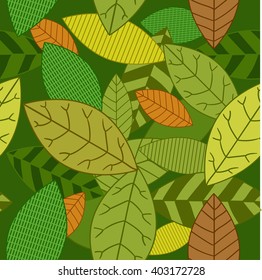 Seamless decorative template texture with green and beige leaves. Seamless stylized leaf pattern.
