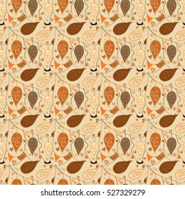 Seamless decorative template texture with green and beige leaves. Seamless stylized leaf pattern. Brown, orange, beige