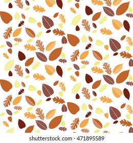 Seamless Decorative Template Texture With Yellow, Orange And Brown Leaves. Autumn Seamless Stylized Leaf Pattern.