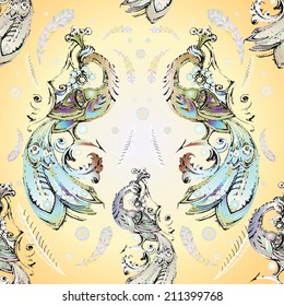 Seamless decorative texture with fire bird in crown, abstract feathers and grapes on beige background 