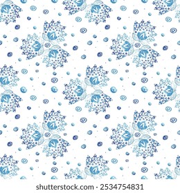 Seamless decorative texture with Hand drawn creative indigo blue flower leaf snowflakes, dots pattern texture background for textiles, tiles, wallpapers..,