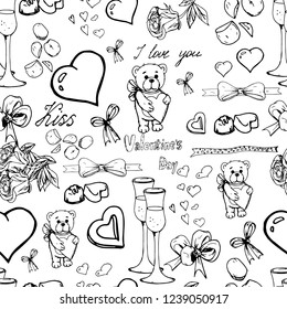Seamless decorative Valentine's Day pattern in black and white colors. Endless texture for your design, fabric, decor.