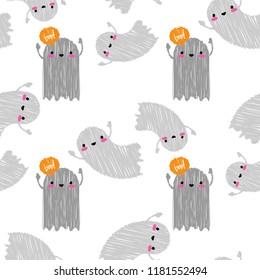 Seamless decorative vector background Happy Halloween. Funny Ghost. Kawaii. Brushwork. Hand hatching. Textile rapport.