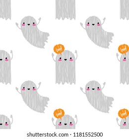 Seamless decorative vector background Happy Halloween. Funny Ghost. Kawaii. Brushwork. Hand hatching. Textile rapport.