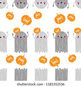 Seamless decorative vector background Happy Halloween. Funny Ghost. Kawaii. Brushwork. Hand hatching. Textile rapport.