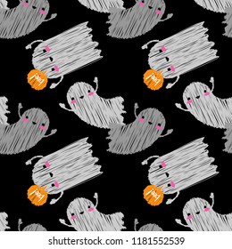 Seamless decorative vector background Happy Halloween. Funny Ghost. Kawaii. Brushwork. Hand hatching. Textile rapport.