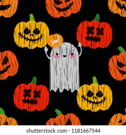 Seamless decorative vector background Happy Halloween. Pumpkins and Ghosts. Brushwork. Hand hatching. Textile rapport.