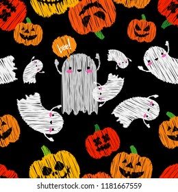 Seamless decorative vector background Happy Halloween. Pumpkins and Ghosts. Brushwork. Hand hatching. Textile rapport.