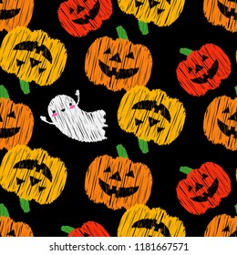 Seamless decorative vector background Happy Halloween. Pumpkins and Ghosts. Brushwork. Hand hatching. Textile rapport.