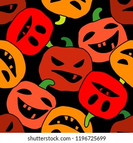 Seamless decorative vector background Happy Halloween. Pumpkins. Doodle. Brushwork. Hand hatching. Can be used for wallpaper, textile, invitation card, wrapping, web page background.