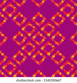Seamless decorative vector background with maple leaves. Indian summer. Texture of rhombus. Textile rapport.