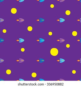 Seamless decorative vector background with space rockets and planets