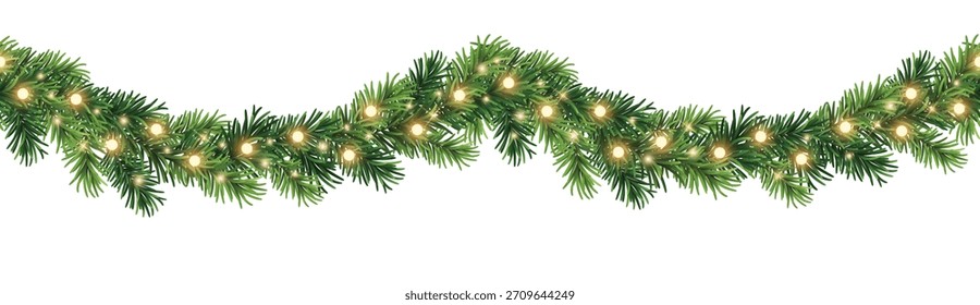 Seamless decorative vector christmas border with coniferous branches and garlands of christmas lights on white background