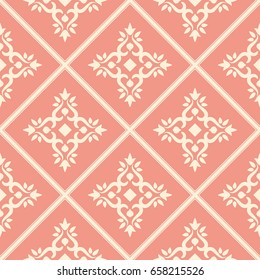 Seamless decorative vector pattern for design and print. Light ornament on a pink background with rhombuses