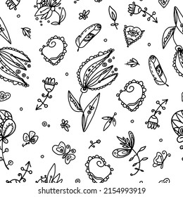 Seamless decorative vector pattern - Fantasy Boho flowers, hearts and butterfly doodles. Outlines, simple dark lines on white background.
