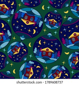 Seamless decorative vector pattern illustration of Christmas tree toys decorations with winter houses in dark mysterious tones. The design is perfect for packaging, backgrounds, textiles, decorations