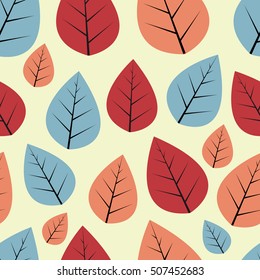 Seamless decorative vector pattern with red, blue and dusty pink leaves on beige background.