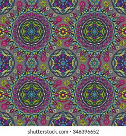 Seamless decorative vector pattern with round floral and geometric ornament