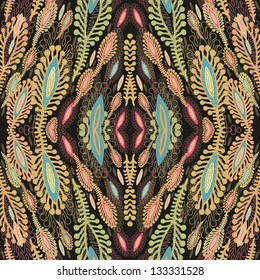 Seamless decorative vector pattern with stylized feathers on dark background