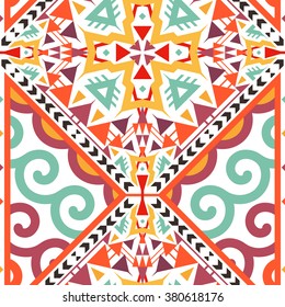 Seamless Decorative Vector Pattern for Textile Design. Mix of Triangles, Stripes and Twirl Shapes