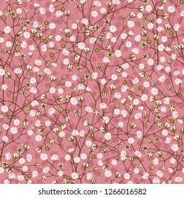 Seamless decorative vector pattern of white small flowers gypsophila on a pink background.