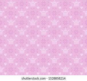 Seamless decorative wallpaper in delicate pink colors for your design. Simple retro style with royal crowns. Vector image