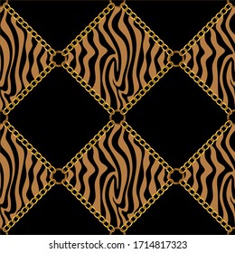 Diseño de cebra de motivos dorados sin inconvenientes con cadenas sobre fondo negro.EPS10 Ilustración.