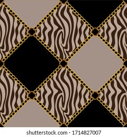 Seamless decorative zebra pattern of golden motif with chains on black background.EPS10 Illustration