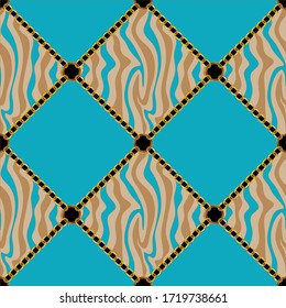 Seamless decorative zebra pattern of golden motif with chains on green  background.EPS10 Illustration