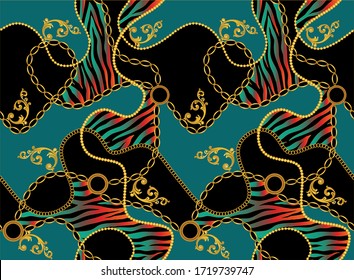 Seamless decorative zebra pattern of golden motif with chains on black  background.EPS10 Illustration