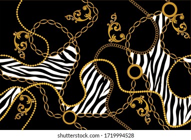 Nahtlos dekoratives Zebramuster aus goldenem Motiv mit Ketten auf schwarzem Hintergrund.EPS10 Illustration