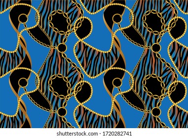 Seamless decorative zebra pattern of golden motif with chains on black  background.EPS10 Illustration