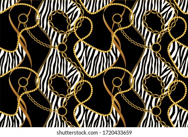 Seamless decorative zebra pattern of golden motif with chains on black  background.EPS10 Illustration.