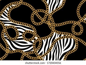 Seamless decorative zebra pattern of golden motif with chains on black  background.EPS10 Illustration.